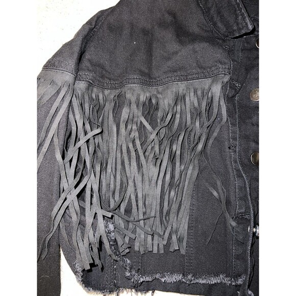 Black Denim Cropped Jacket Fringed Western Style Long Sleeve‎ - Picture 4 of 7